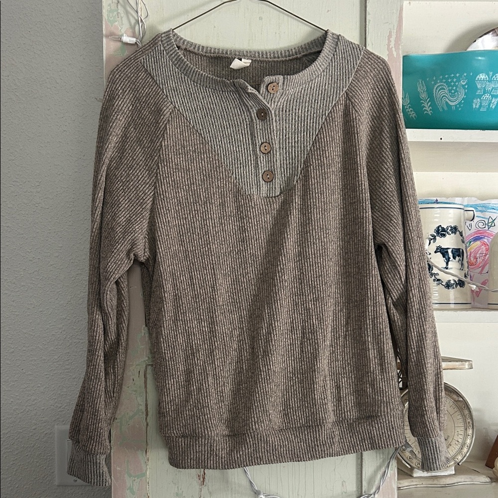 Ribbed Henley Pullover Sweatshirt - Taupe